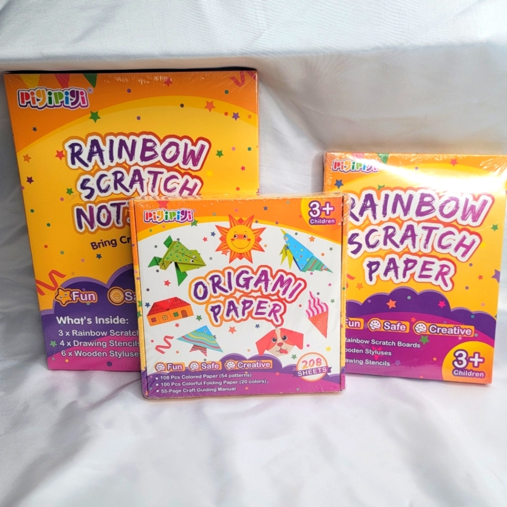 Rainbow Scratch Notebook, Scratch Paper and Origami Paper Set 3pcs BUNDLE -NEW